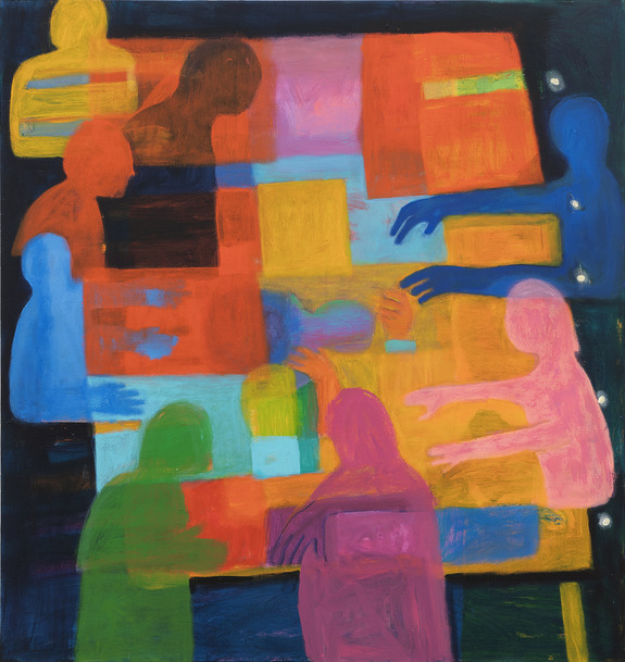 Abstract painting with colorful human figures reaching towards a central point, each in a distinct vibrant hue.