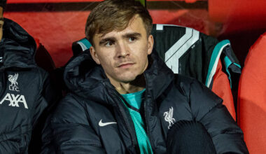 GIRONA, SPAIN - Tuesday, December 10, 2024: Liverpool's Jarell Quansah (L) and James Norris on the bench before the UEFA Champions League game between Girona FC and Liverpool FC at the Estadi Montilivi. Liverpool won 1-0. (Photo by David Rawcliffe/Propaganda)