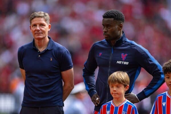 LONDON, ENGLAND - Sunday, August 10, 2025: Crystal Palace's manager Oliver Glasner (L) and captain Marc Guéhi line-up before the FA Community Shield match between Crystal Palace FC and Liverpool FC at Wembley Stadium. Palace won 3-1 on penalties after a 2-2 draw. (Photo by Harry Murphy/Propaganda)