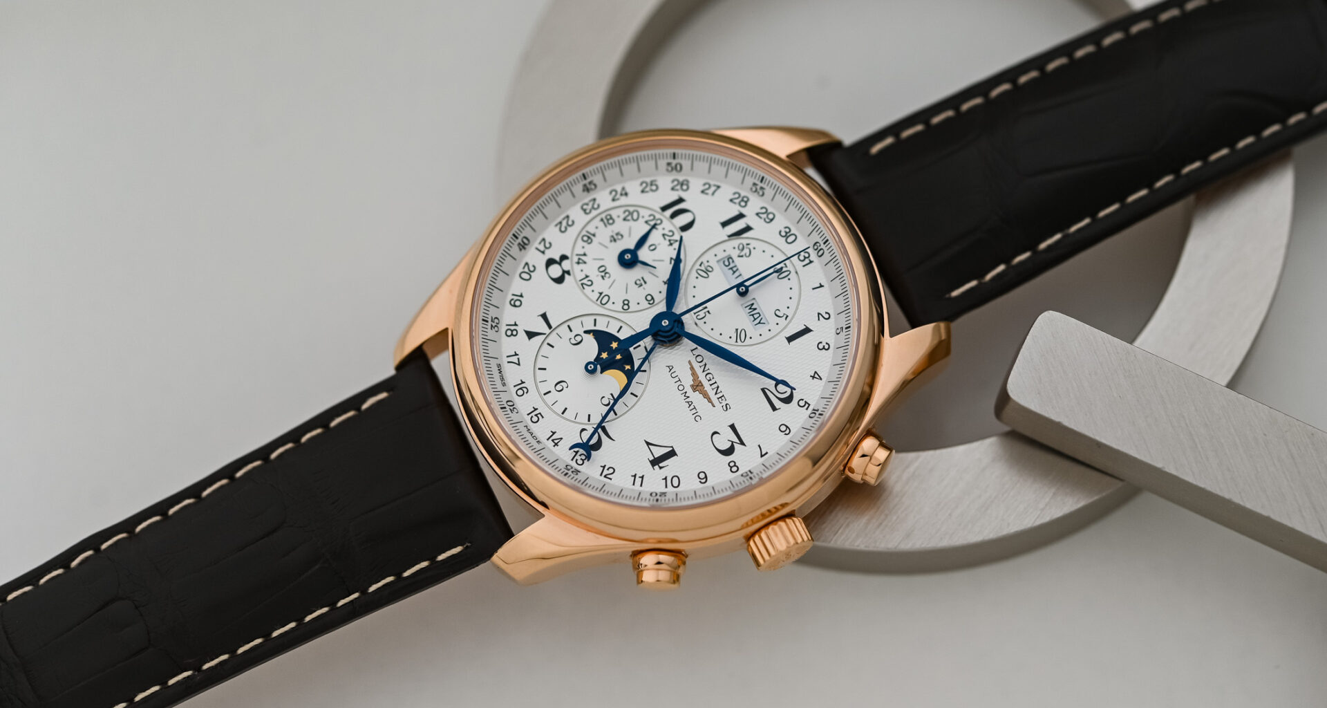 A new Rose Gold Version of the Longines Master Chronograph Moonphase