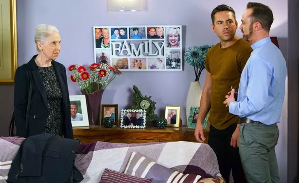 Geraldine [LYNNE VERRALL] calls at No.11 and informs Billy Mayhew [DANIEL BROCKLEBANK] and Todd Grimshaw [BRUNO LANGLEY] they are not welcome at Drew's funeral in Coronation Street