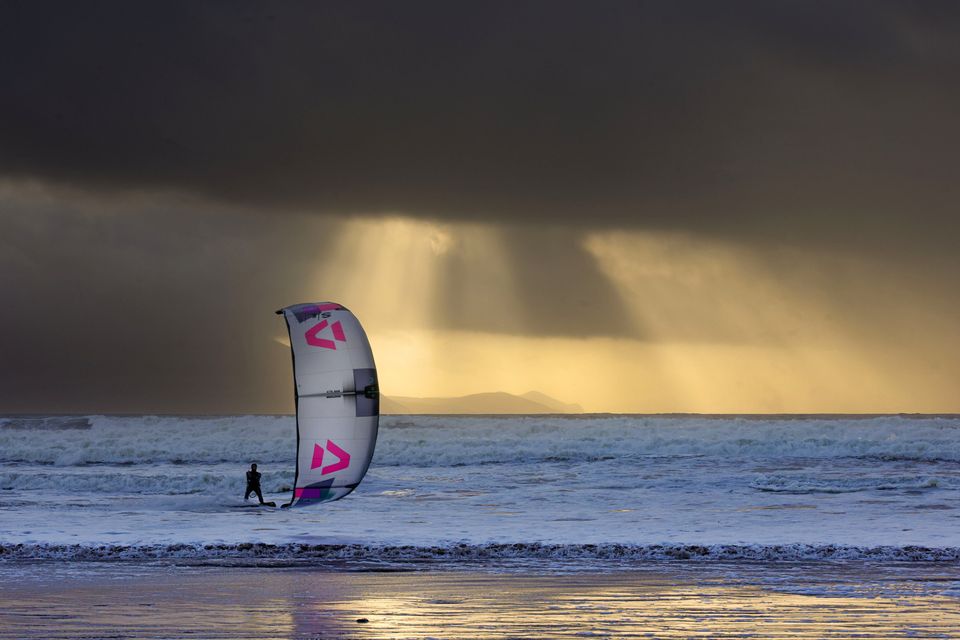 Lucas Machowski, professional kite surfer and videographer from Killarney, on Inch Beach, Dingle Peninsula, availing of the winter winds. Photo by Valerie O'Sullivan. 