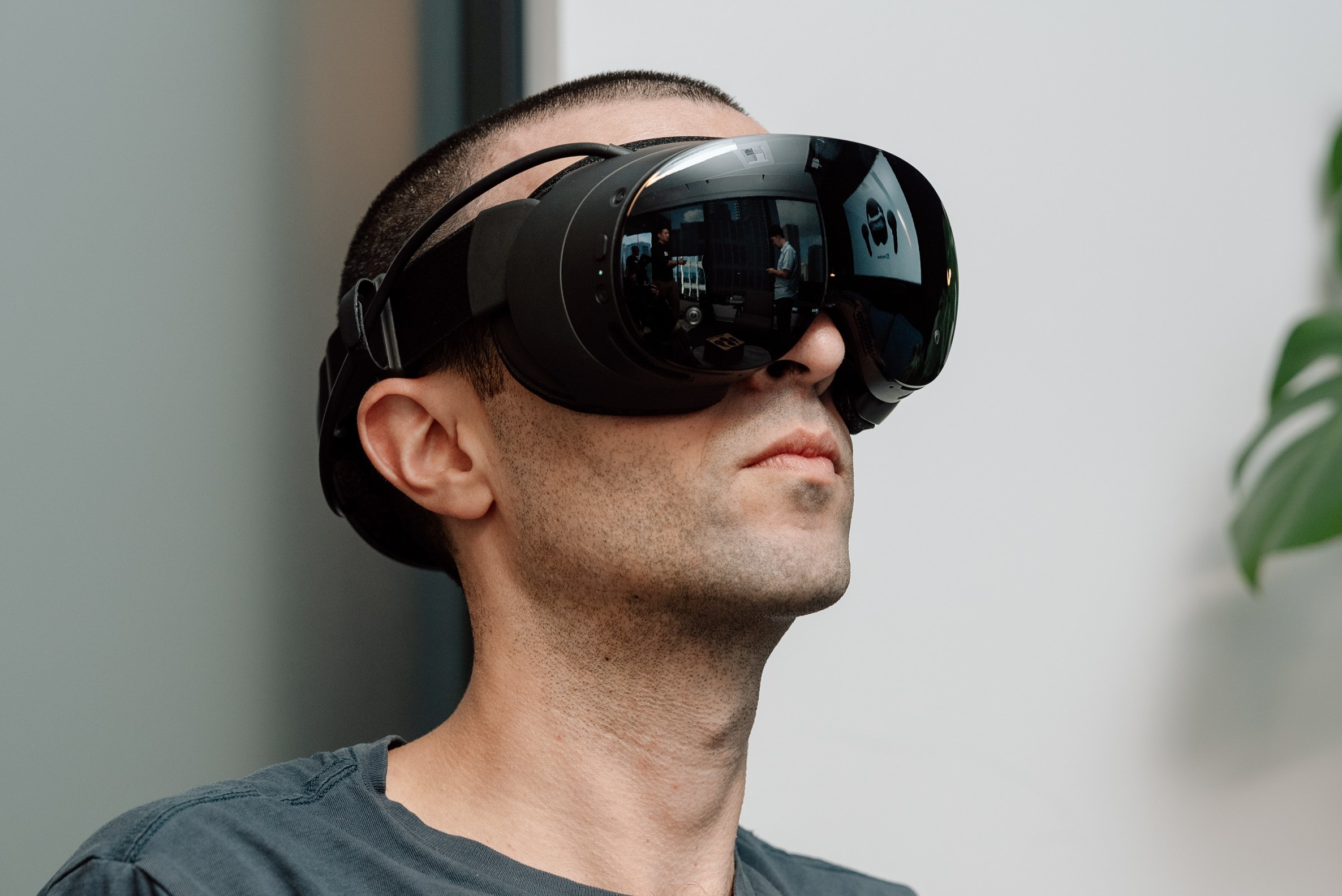 The Verge’s Jay Peters wearing Valve’s Steam Frame VR headset.