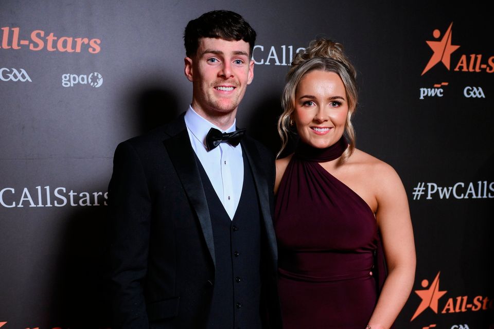 Tipperary hurler Andrew Ormond with Eimear O'Gorman on arrival to the 2025 PwC GAA/GPA All-Star Awards at the RDS in Dublin. Photo by Brendan Moran/Sportsfile