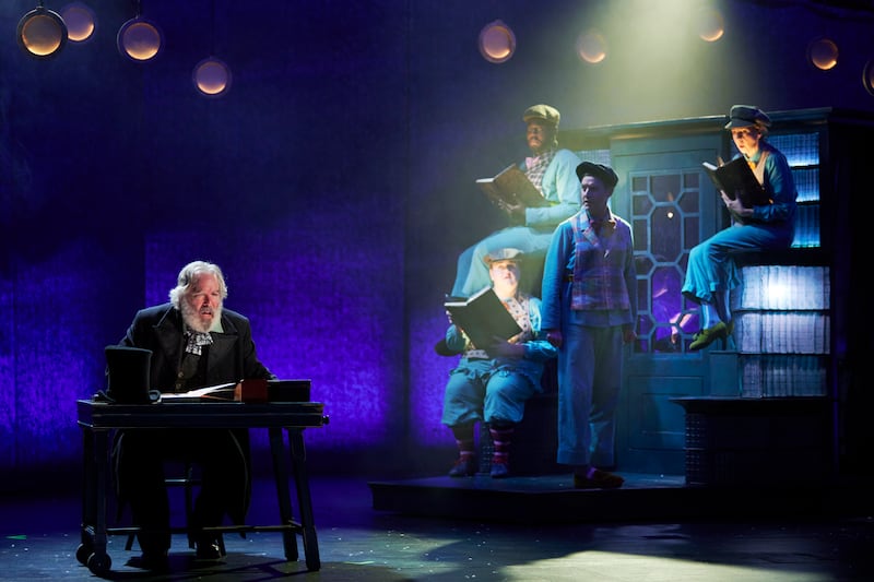 Left to right are Lloyd Hutchinson, Wren Dennehy, Michael Tient, Emmet Kirwan and Fiona Bell in A Christmas Carol at the Gate Theatre. Photograph: Ros Kavanagh