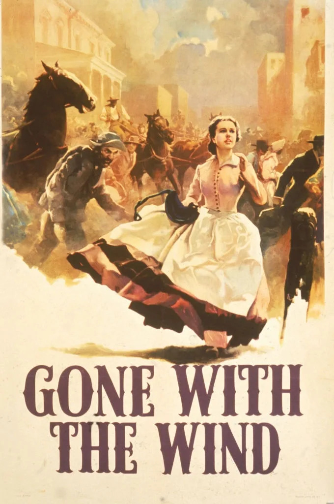 Classic "Gone with the Wind" movie poster featuring Scarlett O'Hara running amidst chaos, horses and people in the background