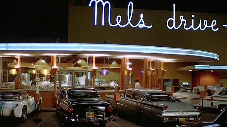 Neon lights illuminated Mel's Drive-in in American Grafitti