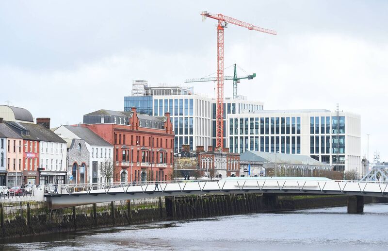 St Patrick's Quay, with the rear of The Metropole Hotel, Cork , the Mary Elmes Bridge, Penrose Wharf and Penrose Dock (under construction) all visible. Pic; Larry Cummins
