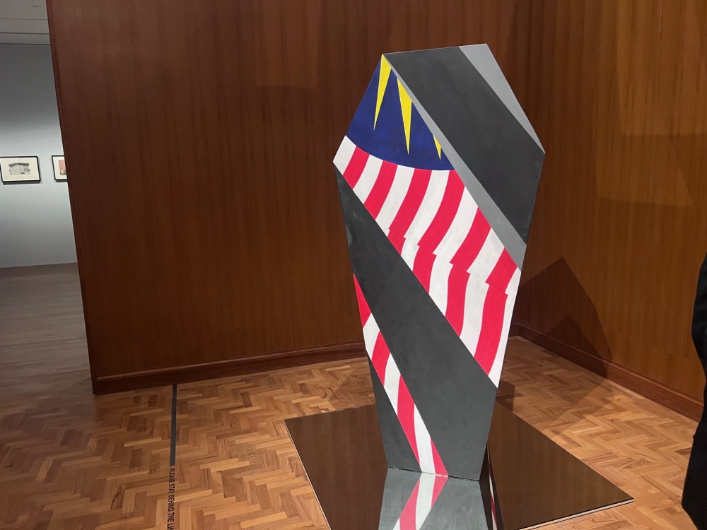 Reconstructed work of ‘May 13 1969’ by Malaysian artist Redza Piyadasa who created it in 1970 and set it on fire in 1971. This work is his commentary on the racial clashes that broke out in Kuala Lumpur in the aftermath of the 3rd general election. His work is also a representation of artists going beyond the conventional boundaries of painting and sculpture to create installations. — Picture by Opalyn Mok