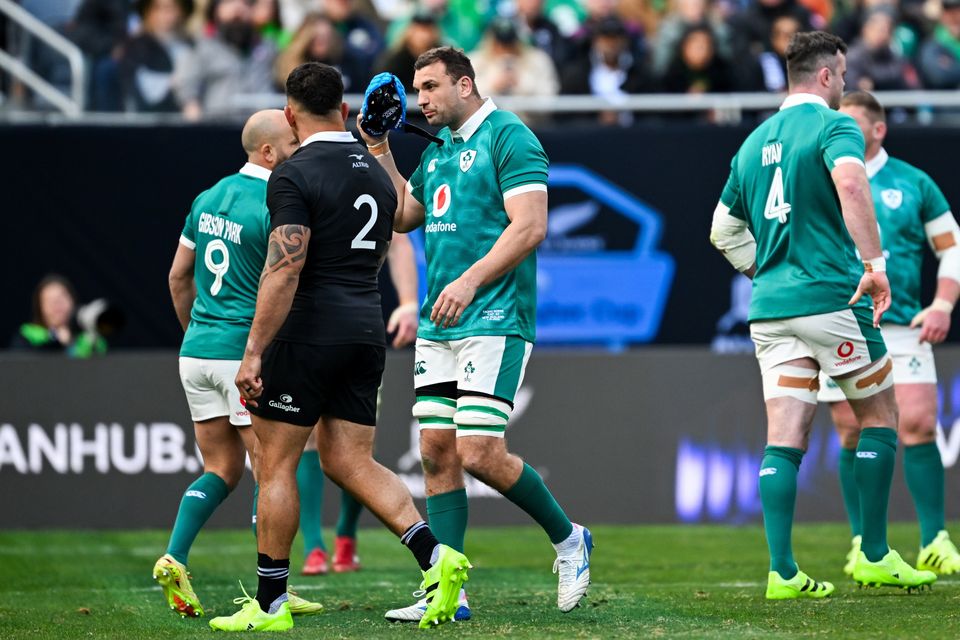 Tadhg Beirne of Ireland leaves the pitch after being shown a yellow card, which was subsequently upgraded to a red