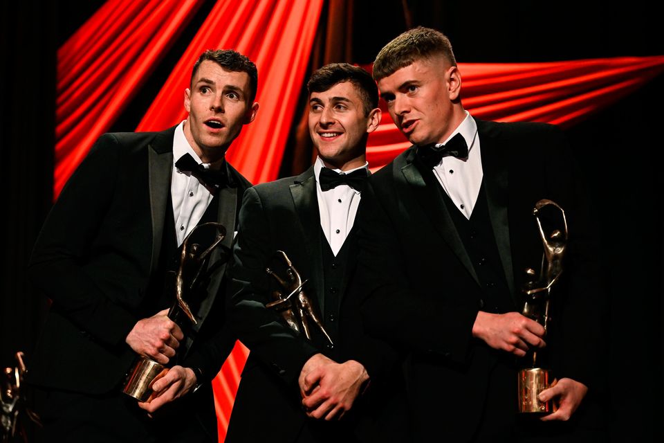7 November 2025; Kilkenny hurler Huw Lawlor, left, Tipperary hurler Robert Doyle, centre, and Tipperary hurler Rhys Shelly with their awards during the 2025 PwC GAA/GPA All-Star Awards at the RDS in Dublin. Photo by Brendan Moran/Sportsfile 