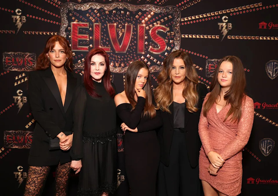 Getty Images Priscilla Presley with her daughter Lisa Marie and her grandchildren Riley Keough and Harper and Finley Lockwood at a screening of 'Elvis' in 2022.