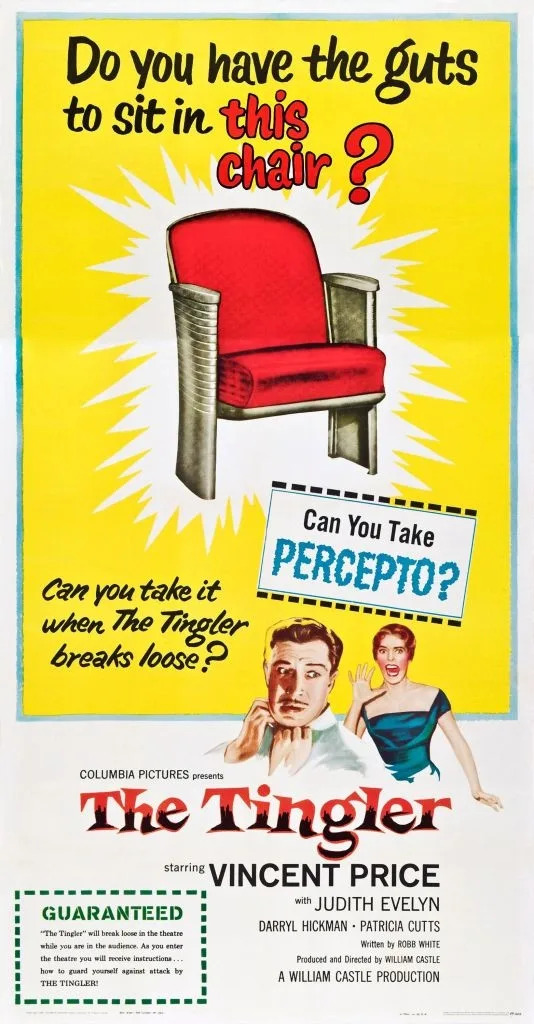 Vintage movie poster for "The Tingler," featuring a theater chair and promotional text about the film's thrilling experience, asking, "Do you have the guts to sit in this chair?" and  "Can you take Percepto?"