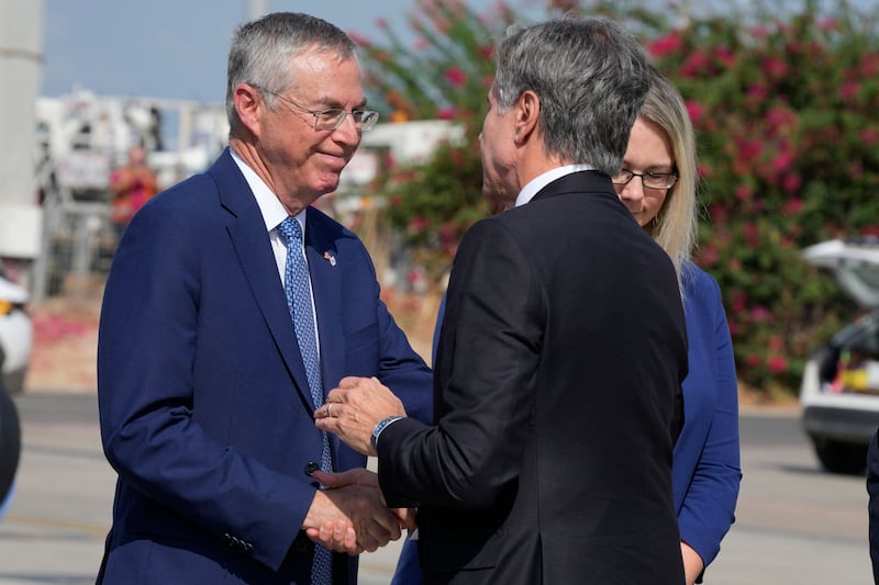 Israel's former ambassador to the US Michael Herzog (left) welcomes then US secretary of state Antony Blinken to Tel Aviv in 2023. Photograph: Jacquelyn Martin/AFP