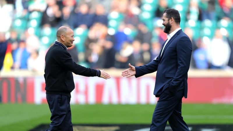 Eddie Jones and Andy Farrell ahead of a Six Nations game at Twickenham in 2021. Photograph: Warren Little/Getty Images