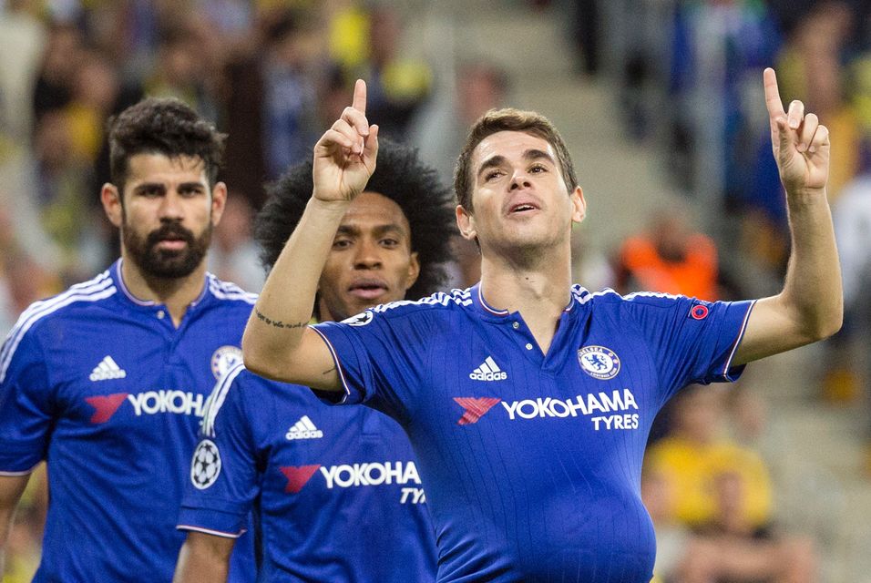 Chelsea's Oscar celebrates after scoring a goal in the Champions League in 2015.