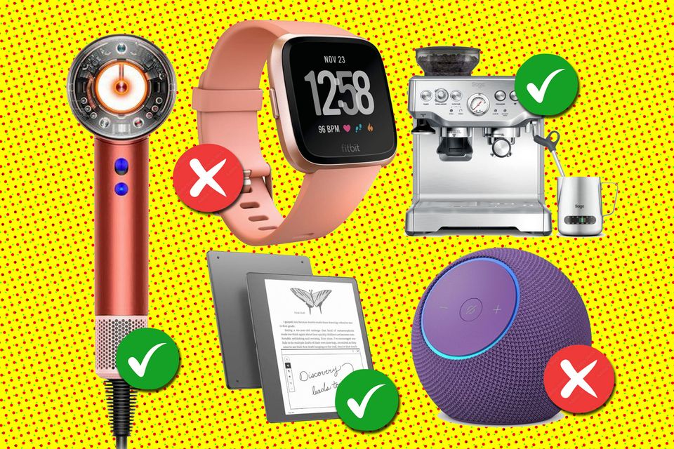 Clockwise from left: a Dyson Supersonic hair dryer, a Fitbit Versa smartwatch, a Sage coffee machine, an Amazon Echo Studio and a Kindle Scribe