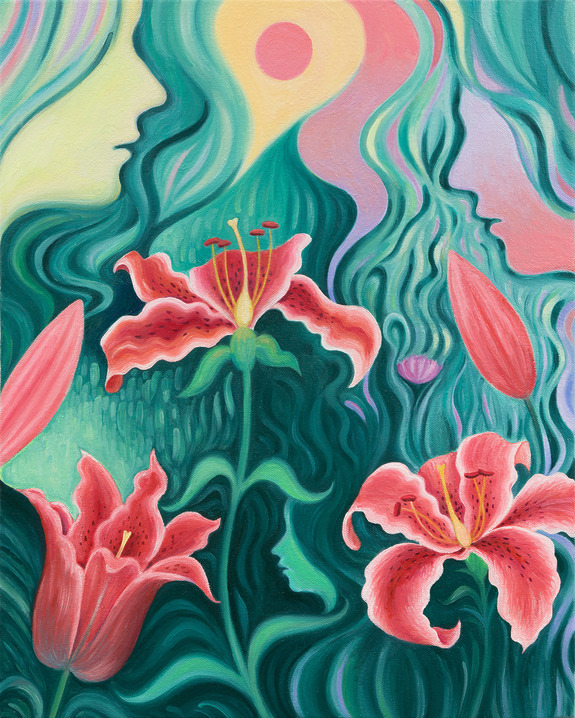 Abstract art with surreal profiles and vibrant pink lilies, featuring flowing teal and green colors with a dreamlike atmosphere.
