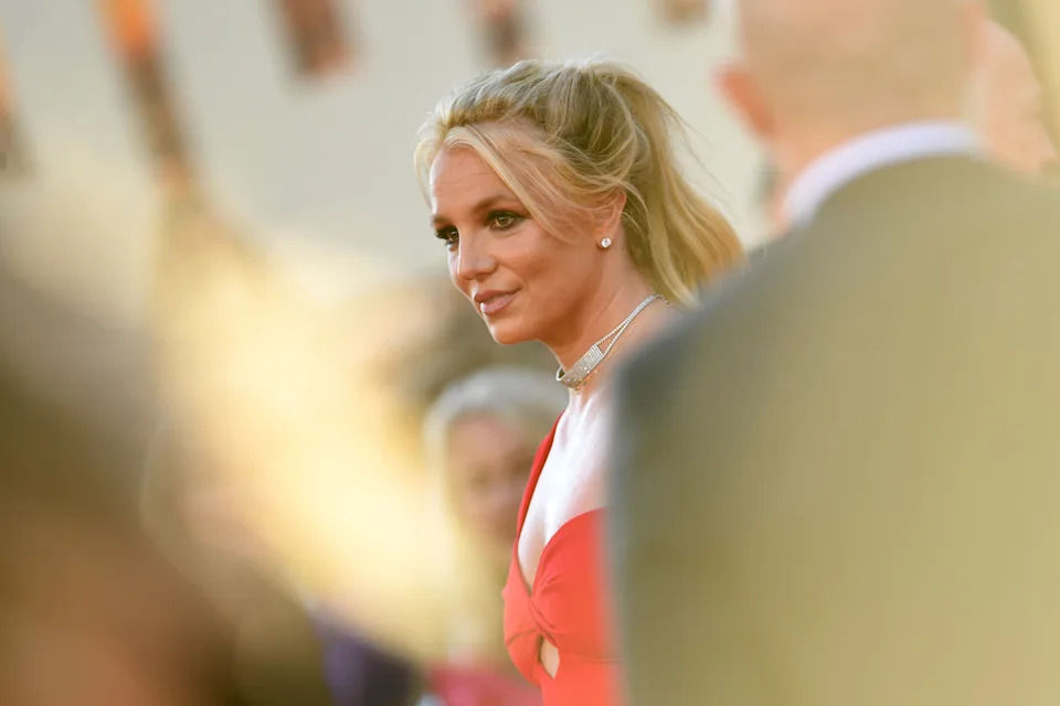Britney Spears in elegant attire poses on the red carpet, with a focus on her hair styled in a high ponytail and a sophisticated neckline