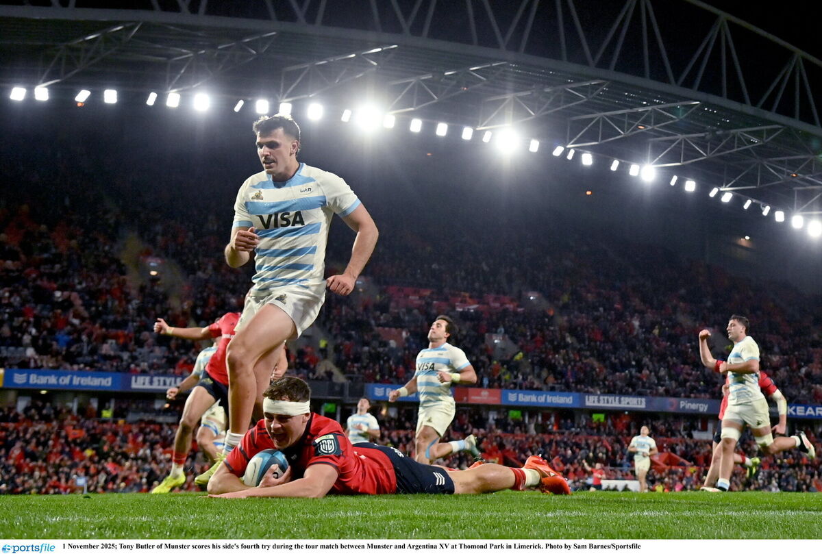Tony Butler scoring Munster's fourth try during the tour match between against Argentina XV at Thomond Park in Limerick on Saturday. Picture: Sam Barnes/Sportsfile