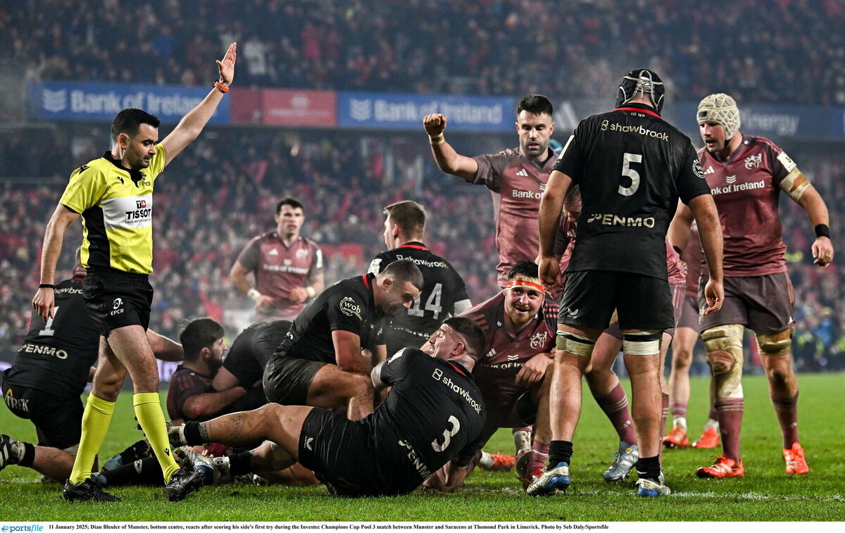Dian Bleuler reacts after scoring Munster's first try during the Investec Champions Cup Pool 3 match between Munster and Saracens in January. Attendances at early-season games at Thomond Park are affected by the volume of matches at this time of year. Picture: Seb Daly/Sportsfile