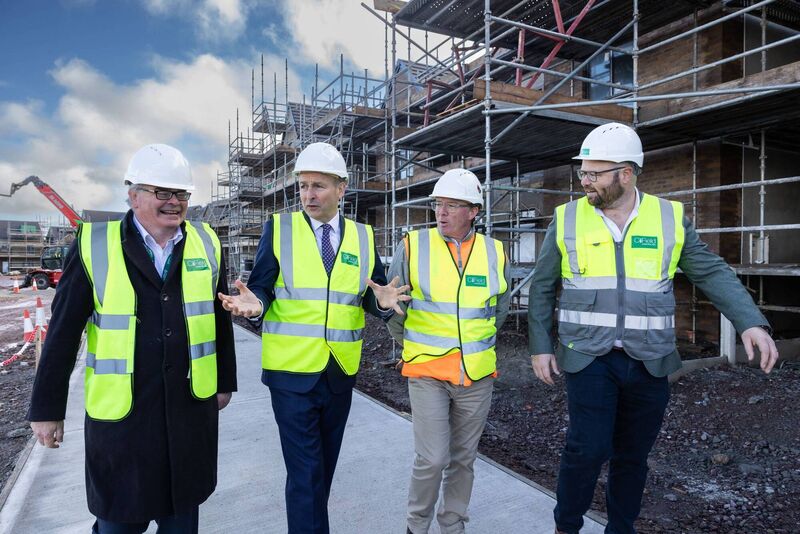 Neil Kerrigan, Housing Delivery Unit Enterprise Ireland, An Taoiseach, Micheál Martin, John Crean, Director of Planning, Longview Estates and Patrick Crowley, CEO, CField Construction at Longview. Picture: Darragh Kane