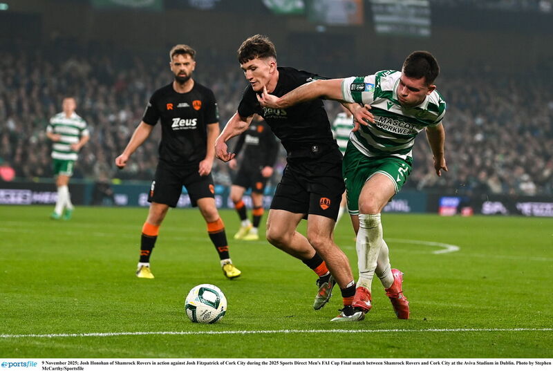 Josh Honohan of Shamrock Rovers in action against Josh Fitzpatrick of Cork City. Picture: Stephen McCarthy/Sportsfile