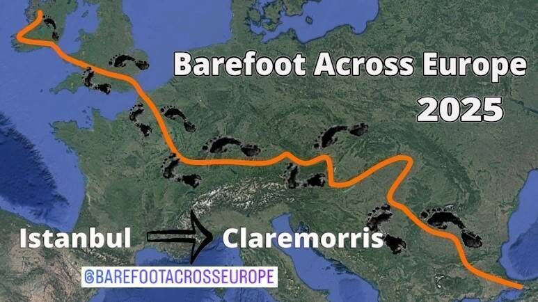 https://www.idonate.ie/fundraiser/BarefootAcrossEurope Barefoot Across Europe 2025 — Eamonn Keaveney's journey from Istanbul to Claremorris