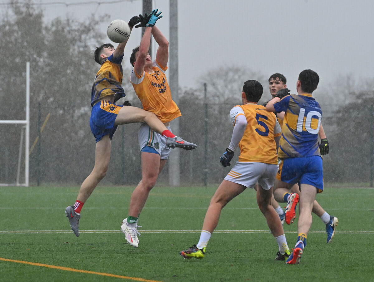  Ean Doona, Presentation Secondary School, Milltown, wins this ball from Jack Hennigan, Hamilton High School, Bandon. Picture: Dan Linehan