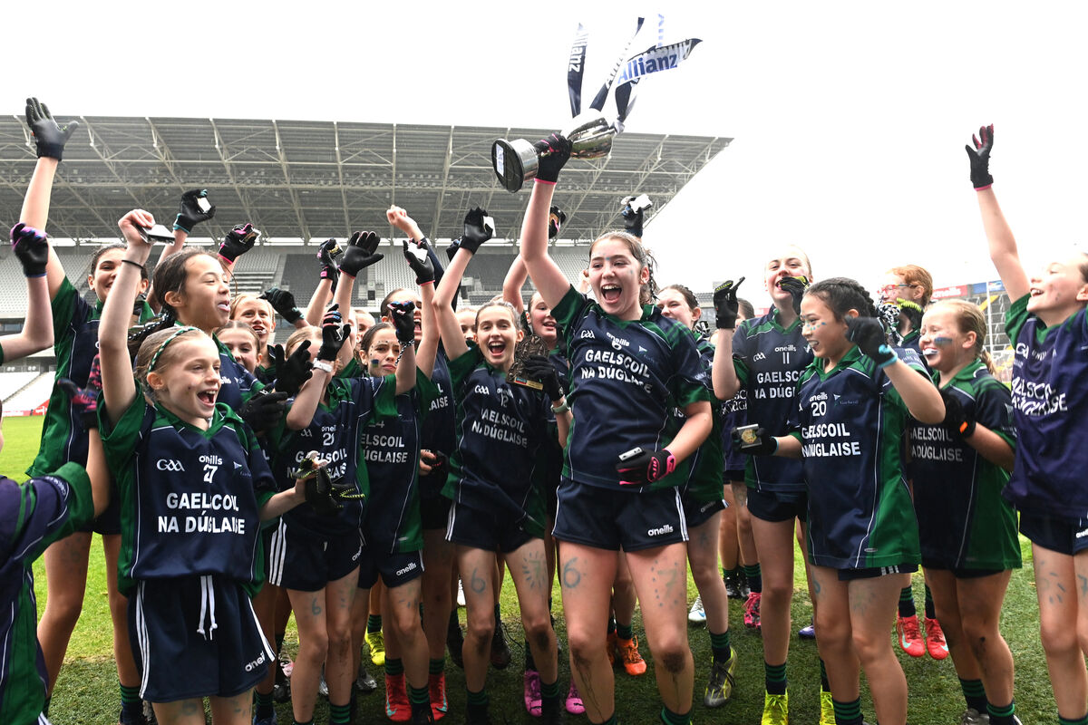  Captain Sarah Nic Gearailt and teammates. Cup winners Gaelscoil na Duglaise (Douglas Gaelscoil) who defeated Watergrasshill NS in the GF2 football final at the Allianz Sciath na Scol Chorcai finals at SuperValu Pairc Ui Chaoimh. Picture: Larry Cummins