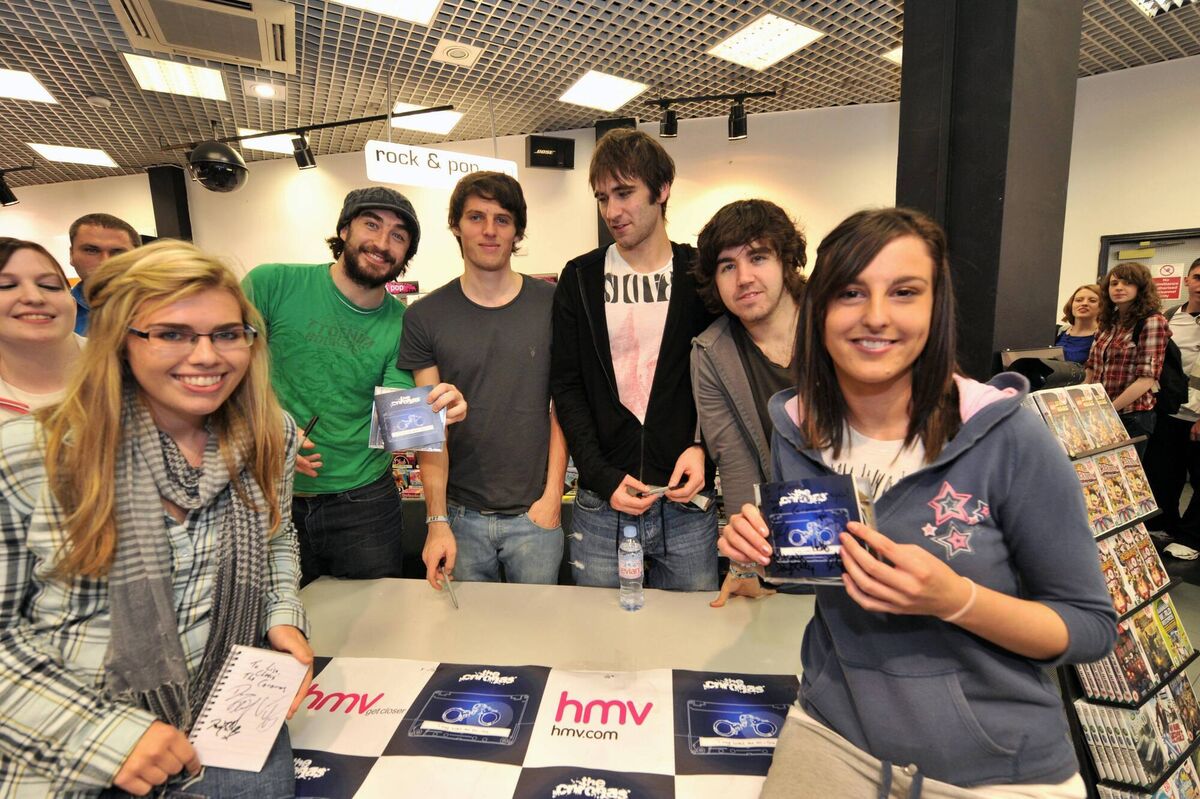 Lisa O'Sullivan and Hazel Murphy meet The Coronas after their gig at HMV Cork in 2009. Picture: Michael Mac Sweeney/Provision