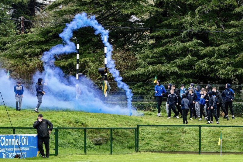The bank turns blue as young St Finbarr’s supporters celebrate the win. Picture: Chani Anderson.