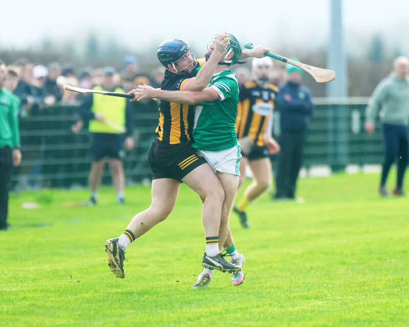 Colm Sheehan, Kilbrittain, and Mike Molloy, Knockaderry, clashing for the sliotar. Picture: Brendan Gleeson