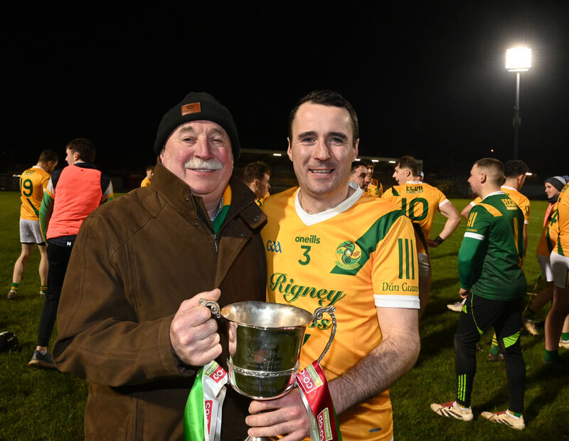  Winning captain Pa Cullinane, Dungourney with his dad Paddy Cullinane after the Co-Op Superstores Junior B Hurling Championship final: Newtownshandrum vs Dungourney at Pairc Ui Rinn on Saturday. Picture: Larry Cummins