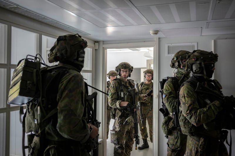Finnish Army conscripts at a training exercise in Helsinki. Photograph: Ivor Prickett/The New York Times