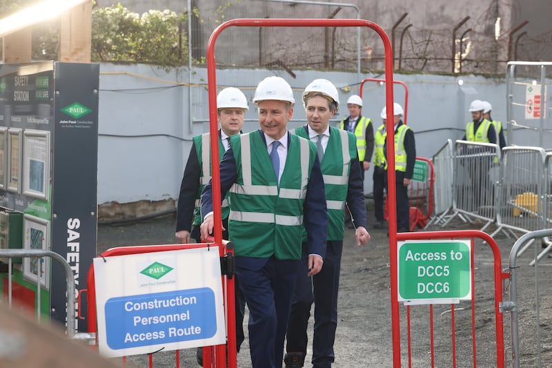 Taoiseach Micheál Martin, Tánaiste Simon Harris and Minister for Housing James Browne at the launch of the new housing plan. Photograph: Dara MacDonaill/The Irish Times  