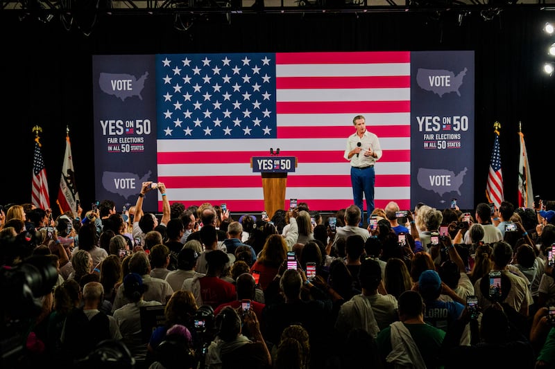 California govvernor Gavin Newsom speaks at a 'Yes on Prop 50' campaign rally in Los Angeles last Saturday. Photograph: Gabriela Bhaskar/The New York Times
                      