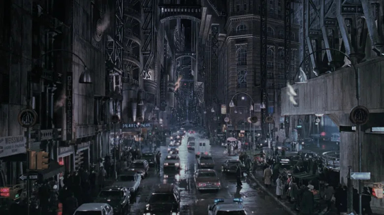 A Gotham City street is seen at night in Batman