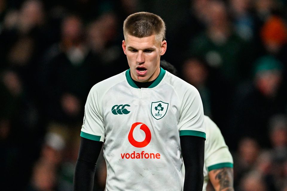 Ireland's Sam Prendergast after his side conceded their first try during the Quilter Nations Series 2025 defeat to South Africa at the Aviva Stadium. Photo: Ramsey Cardy/Sportsfile