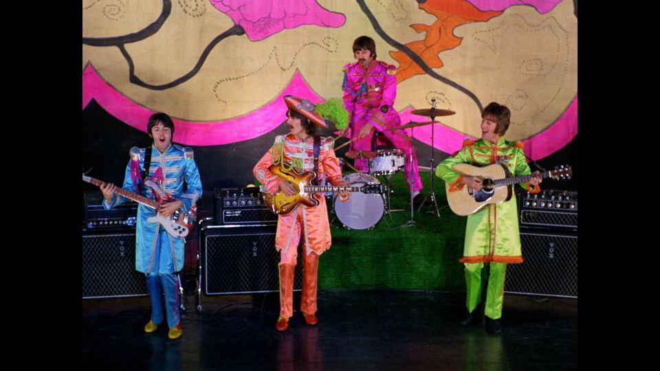 The Beatles in their Sgt Pepper outfits. Photo: Disney+