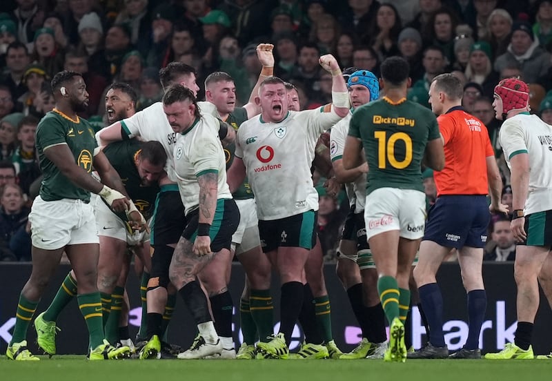 Tadhg Furlong celebrates after Ireland win a scrum against South Africa. Photograph: Niall Carson/PA