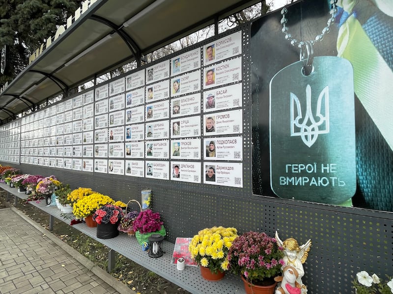 A growing memorial wall for more than 300 residents of Pavlohrad who have been killed in the war with Russia. Photograph: Daniel McLaughlin
