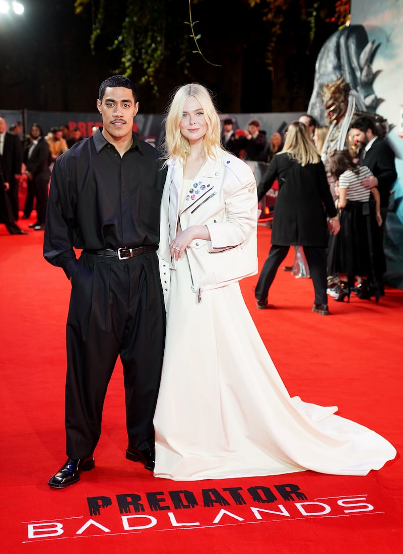 Dimitrius Schuster-Koloamatangi (left) and Elle Fanning attending a Predator: Badlands UK special screening in London