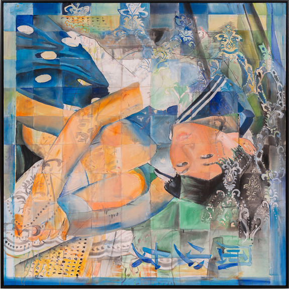 Abstract painting of a person in blue and orange tones with intricate patterns surrounding them, featuring Asian script elements.