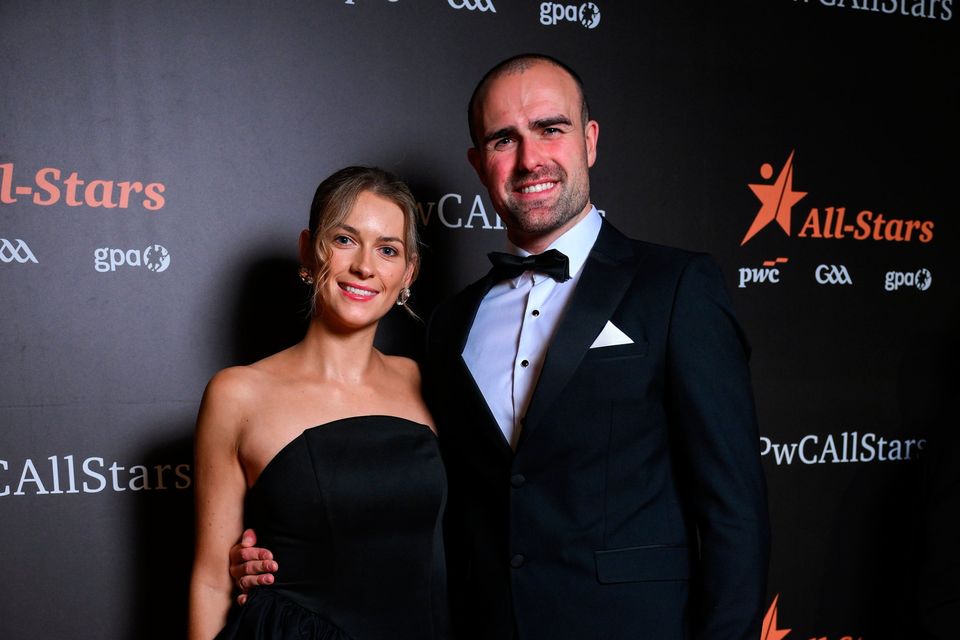Galway footballer John Maher with Aine Feehily on arrival to the 2025 PwC GAA/GPA All-Star Awards at the RDS in Dublin. Photo by Brendan Moran/Sportsfile