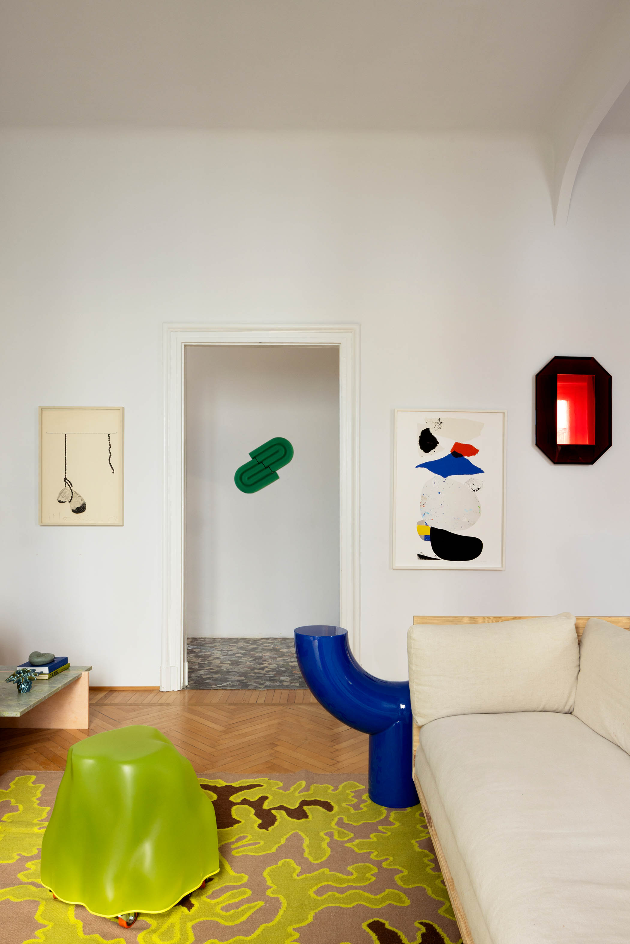 Quirky coffee tables mix up shape, colours and textures in the living room