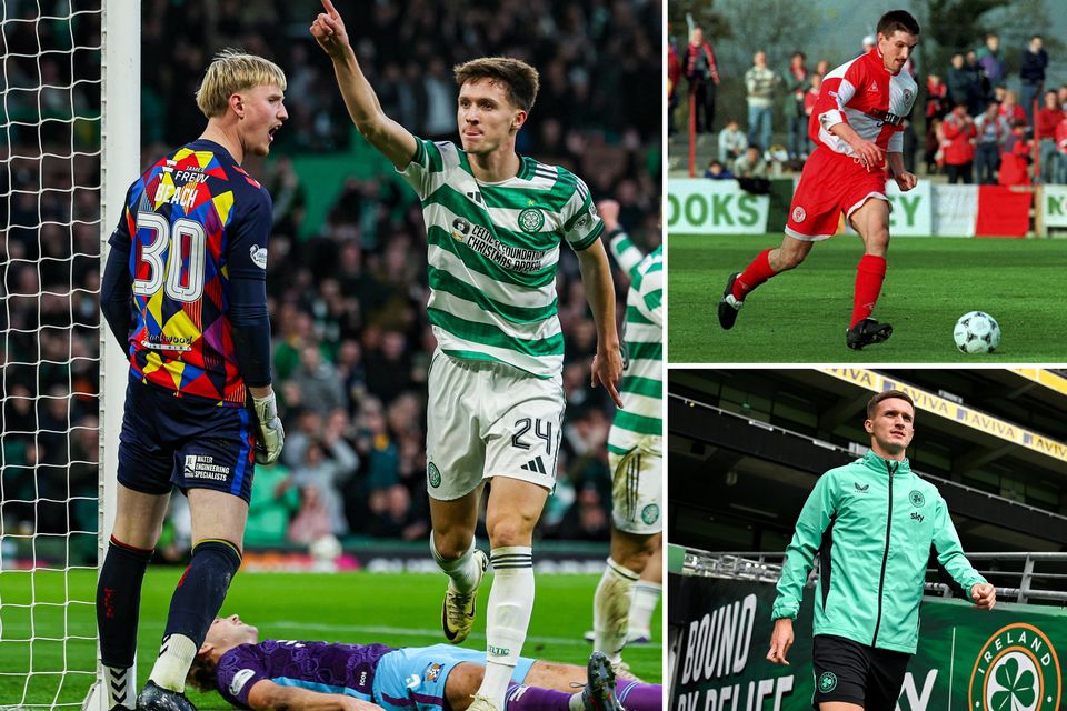 Johnny Kenny after scoring for Celtic in Sunday's win over Kilmarnock – his fourth goal in as many matches; Johnny Kenny Snr in action for Sligo in 1995; Kenny Jnr on international duty in September Photo: Getty