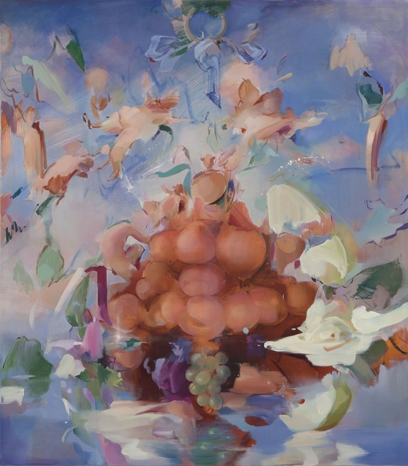 Abstract painting of a colorful bouquet with flowers and fruits against a dreamy, blurred blue background.