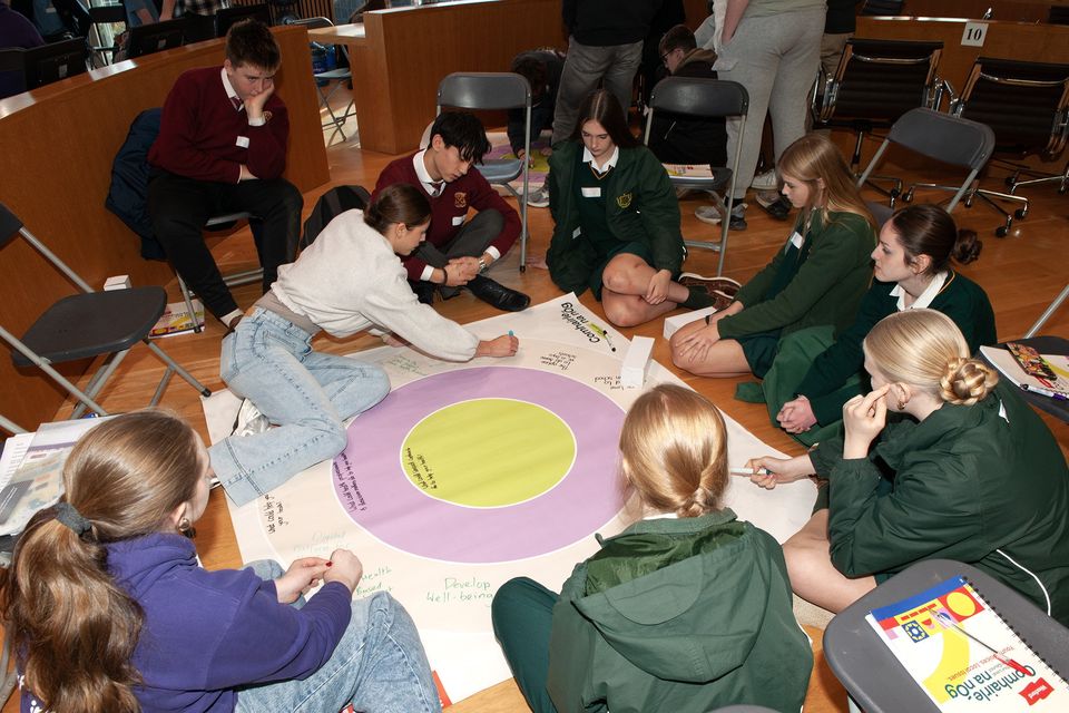 Students making progress on a the chart during the annual Wexford Comhairle na nÓg Youth Conference in the Council Chambers at Wexford County Council on Thursday. Pic: Jim Campbell