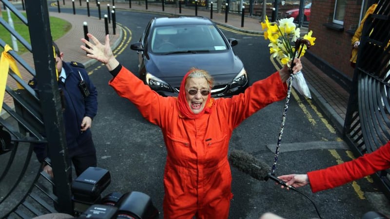 Margaretta D’Arcy on her release from Mountjoy Prison in Dublin in 2014. Photograph: Nick Bradshaw/The Irish Times